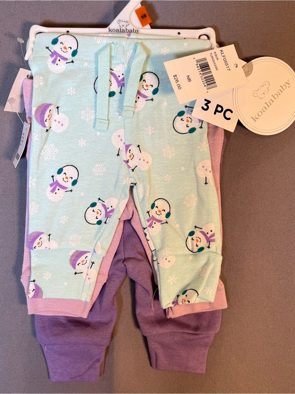 Koala Baby Newborn 3-PC Snowman Pants Set - Mint, Pink & Lavender NWT